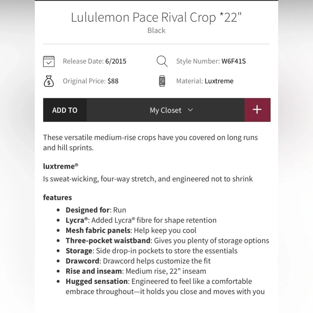 6. Lululemon Pace Rival Crop‎ 22” Luxtreme Black sz4